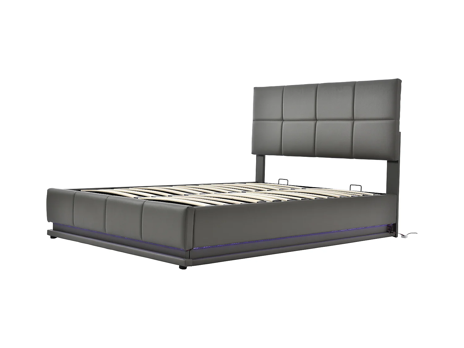 Lit coffre adulte 140x200cm gris avec LED et sommier à lattes, simili cuir, sans matelas