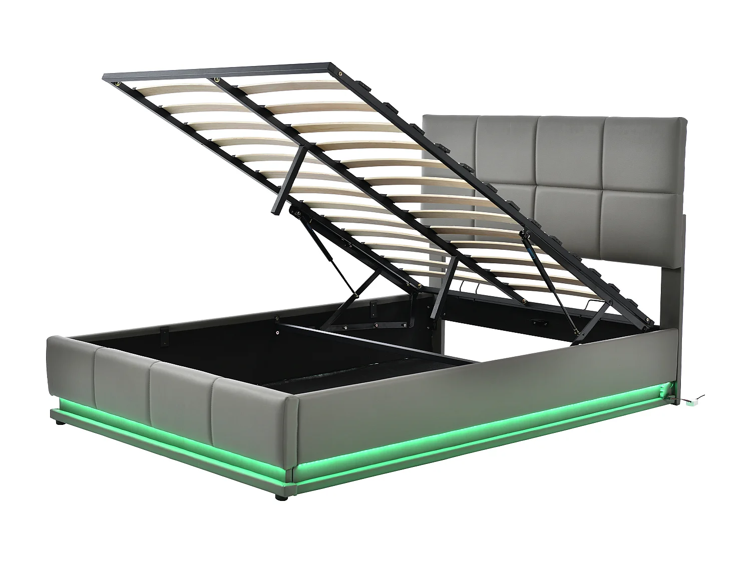 Lit coffre adulte 140x200cm gris avec LED et sommier à lattes, simili cuir, sans matelas