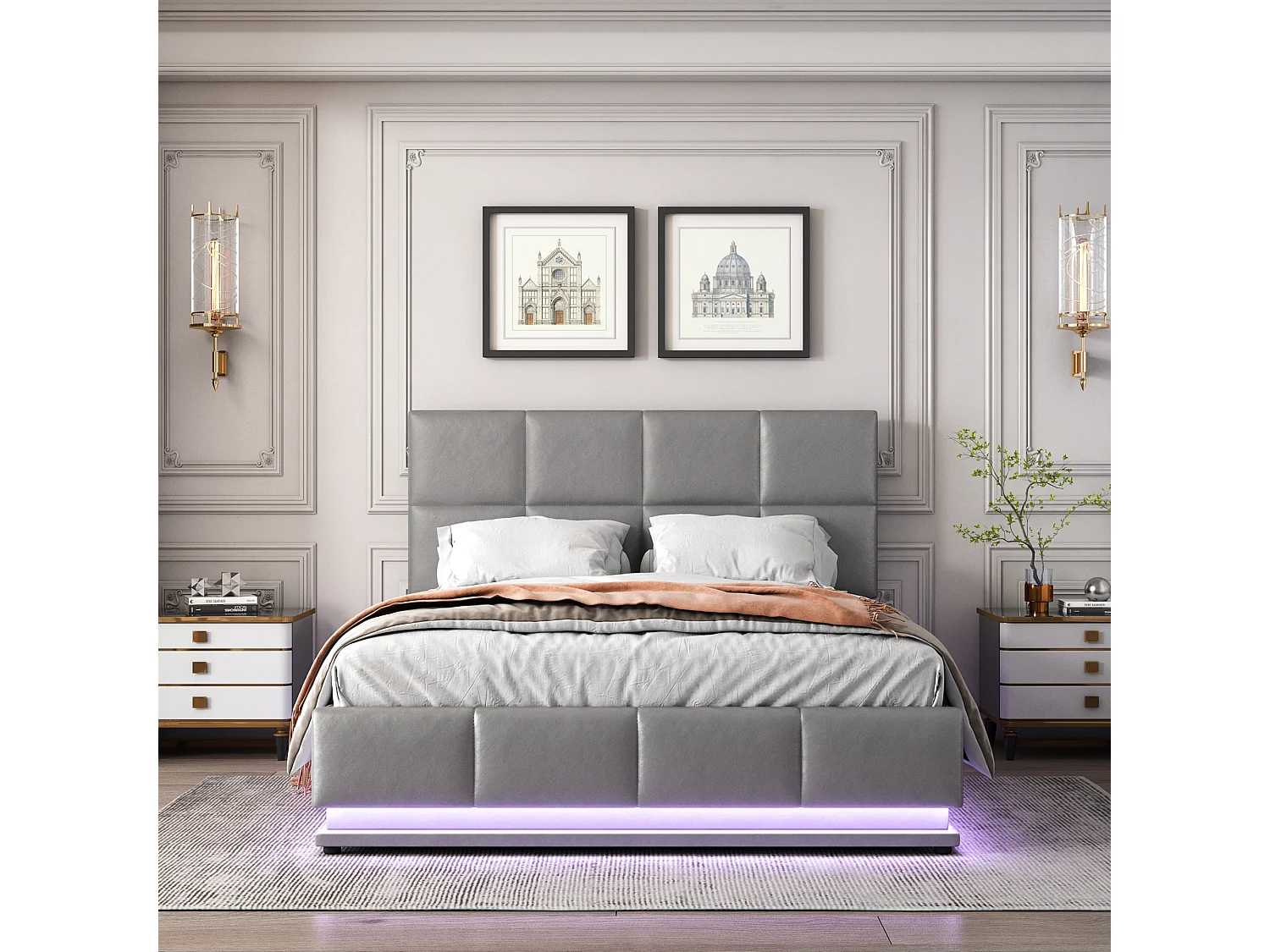 Lit coffre adulte 140x200cm gris avec LED et sommier à lattes, simili cuir, sans matelas
