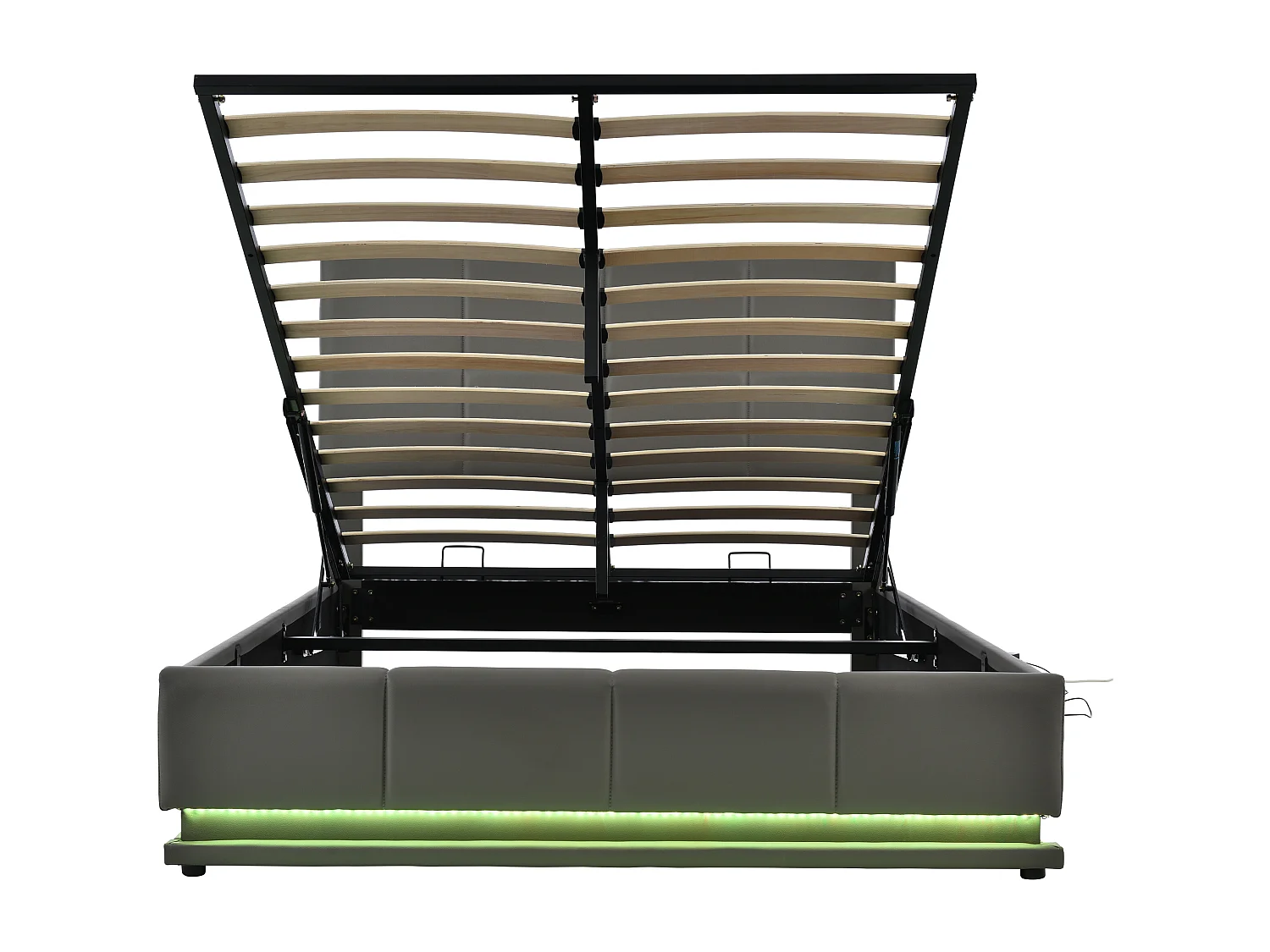Lit coffre adulte 140x200cm gris avec LED et sommier à lattes, simili cuir, sans matelas