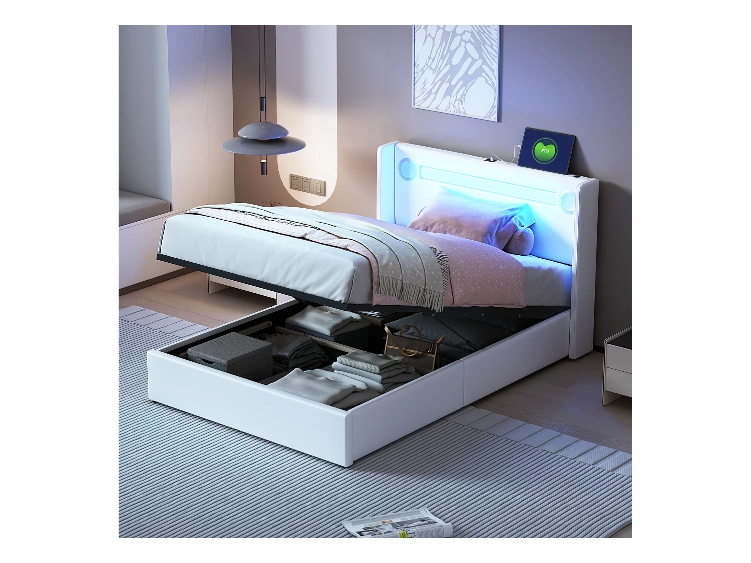 Lit coffre adulte 90x200cm en cuir PU avec USB + LED, blanc, Sommier à lattes, sans matelas