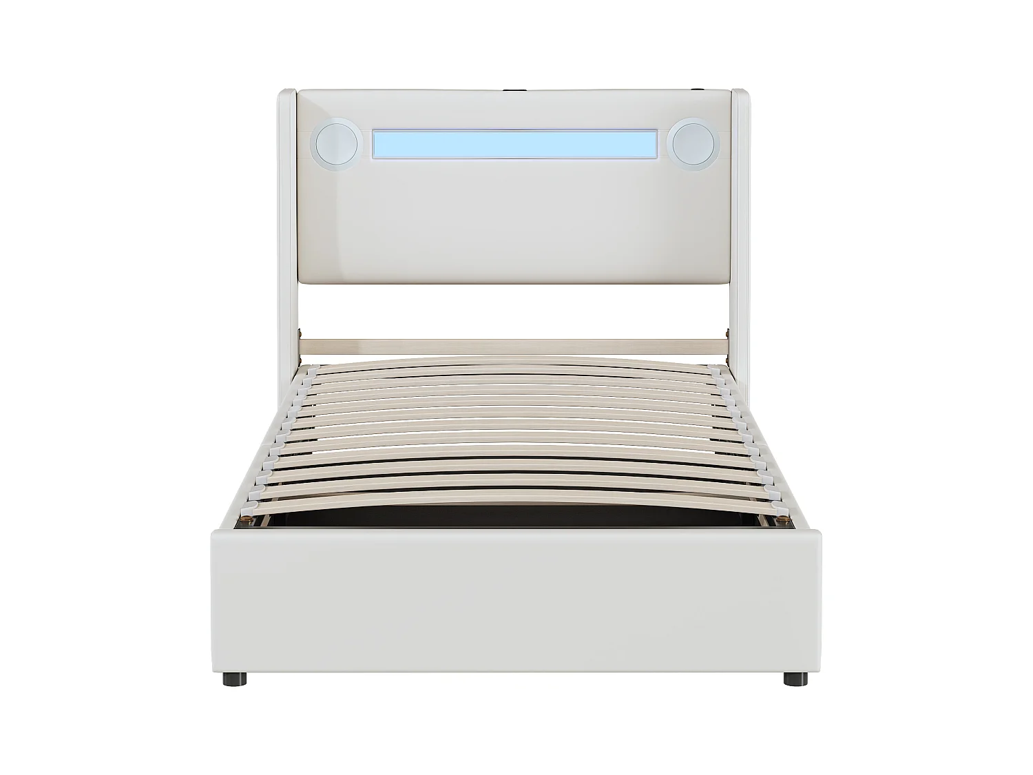 Lit coffre adulte 90x200cm en cuir PU avec USB + LED, blanc, Sommier à lattes, sans matelas