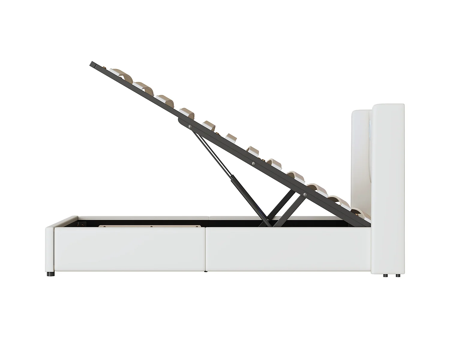 Lit coffre adulte 90x200cm en cuir PU avec USB + LED, blanc, Sommier à lattes, sans matelas