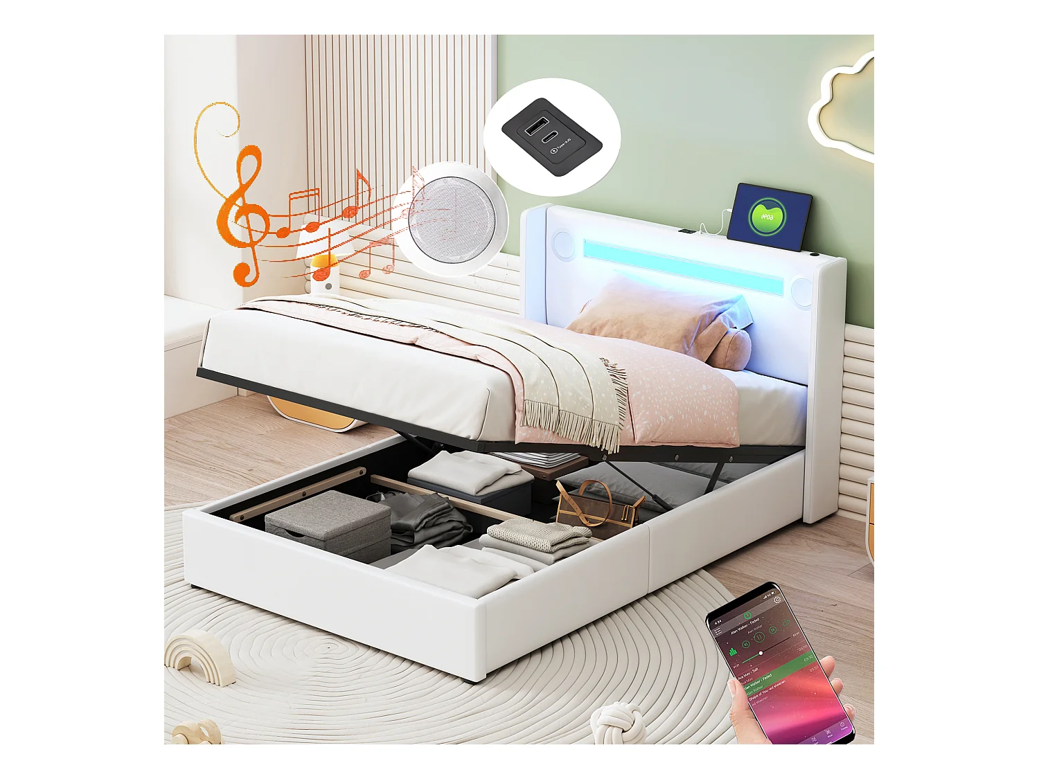 Lit coffre adulte 90x200cm en cuir PU avec USB + LED, blanc, Sommier à lattes, sans matelas
