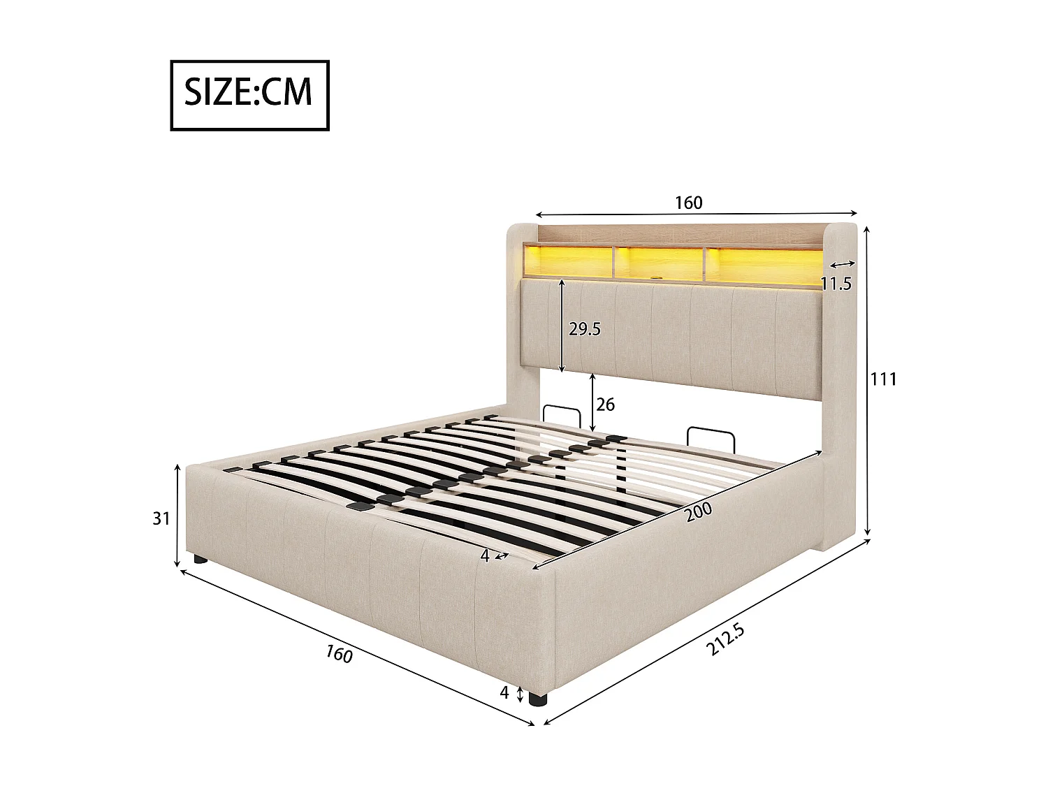 Cama baúl adulta 160x200 cm con LED y USB Tipo-C, lino beige, sin colchón