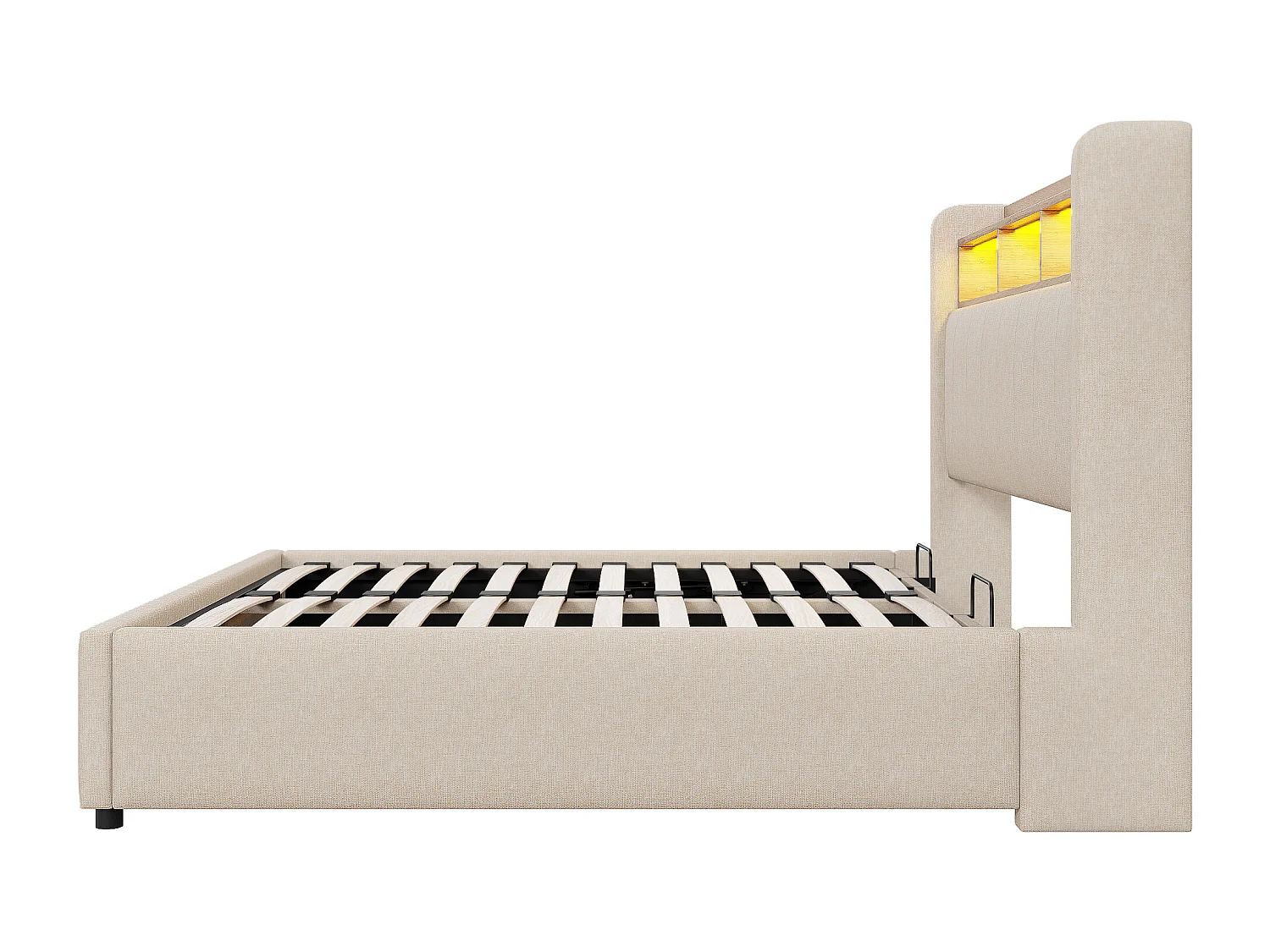 Cama baúl adulta 160x200 cm con LED y USB Tipo-C, lino beige, sin colchón