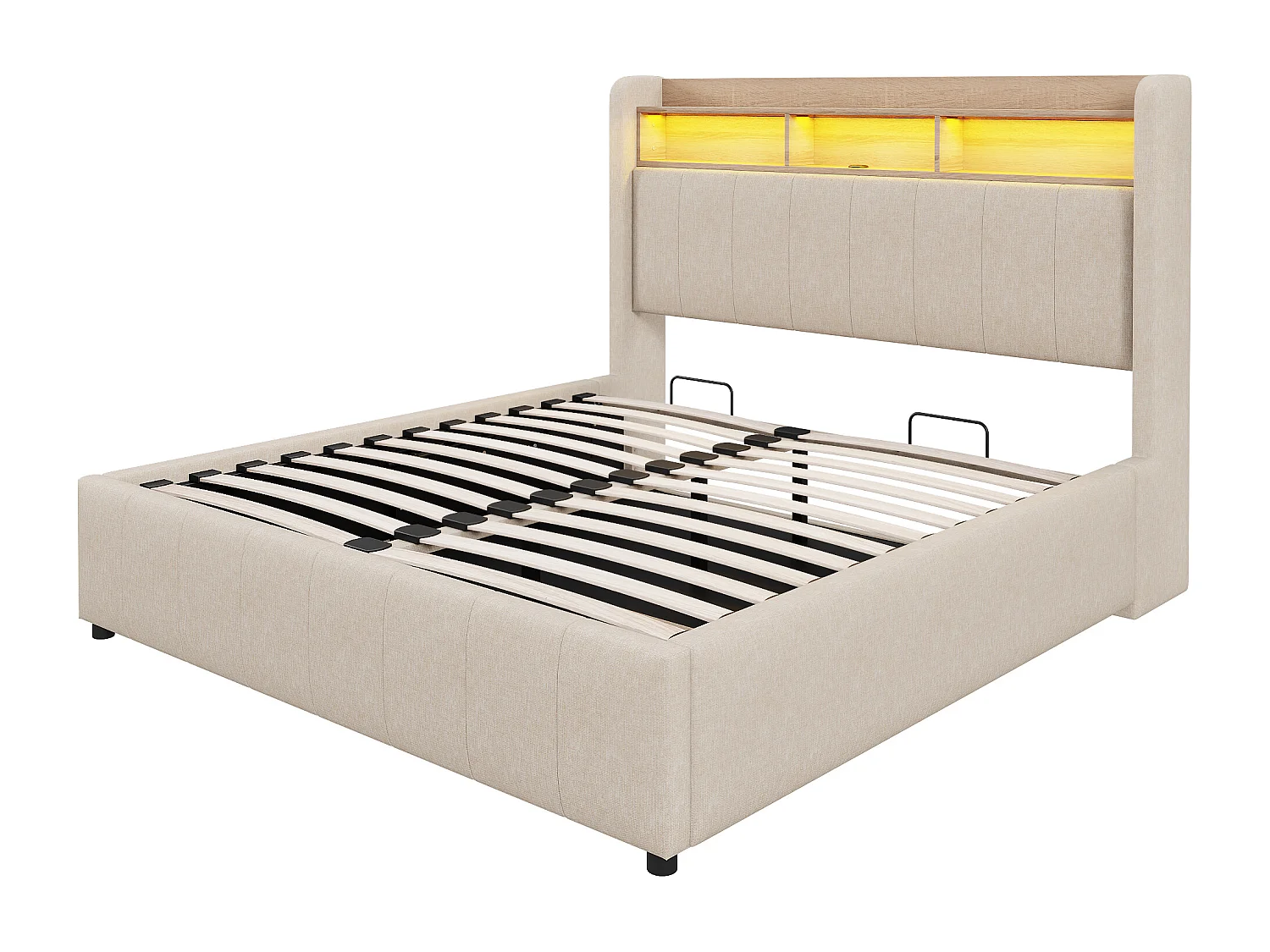 Cama baúl adulta 160x200 cm con LED y USB Tipo-C, lino beige, sin colchón