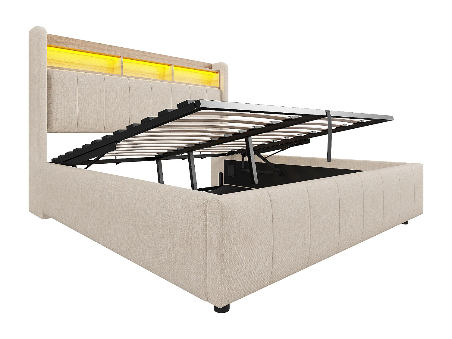Cama baúl adulta 160x200 cm con LED y USB Tipo-C, lino beige, sin colchón