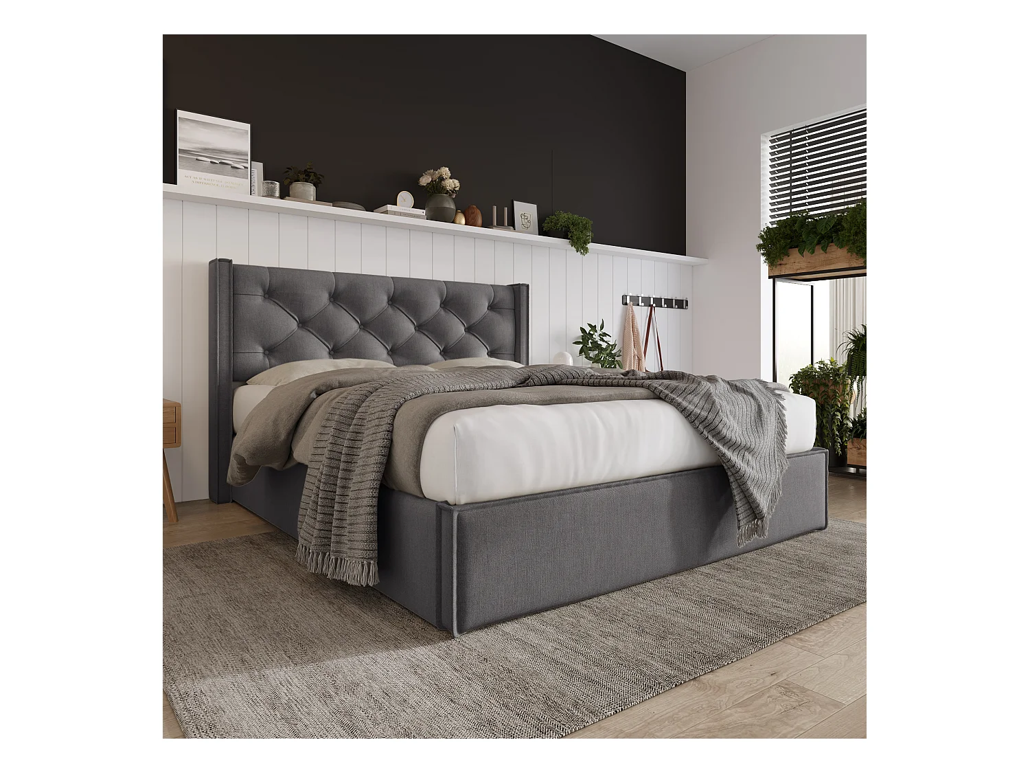 Lit coffre 160x200cm en cotton avec espace de rangement, gris, Sommier à lattes, sans matelas