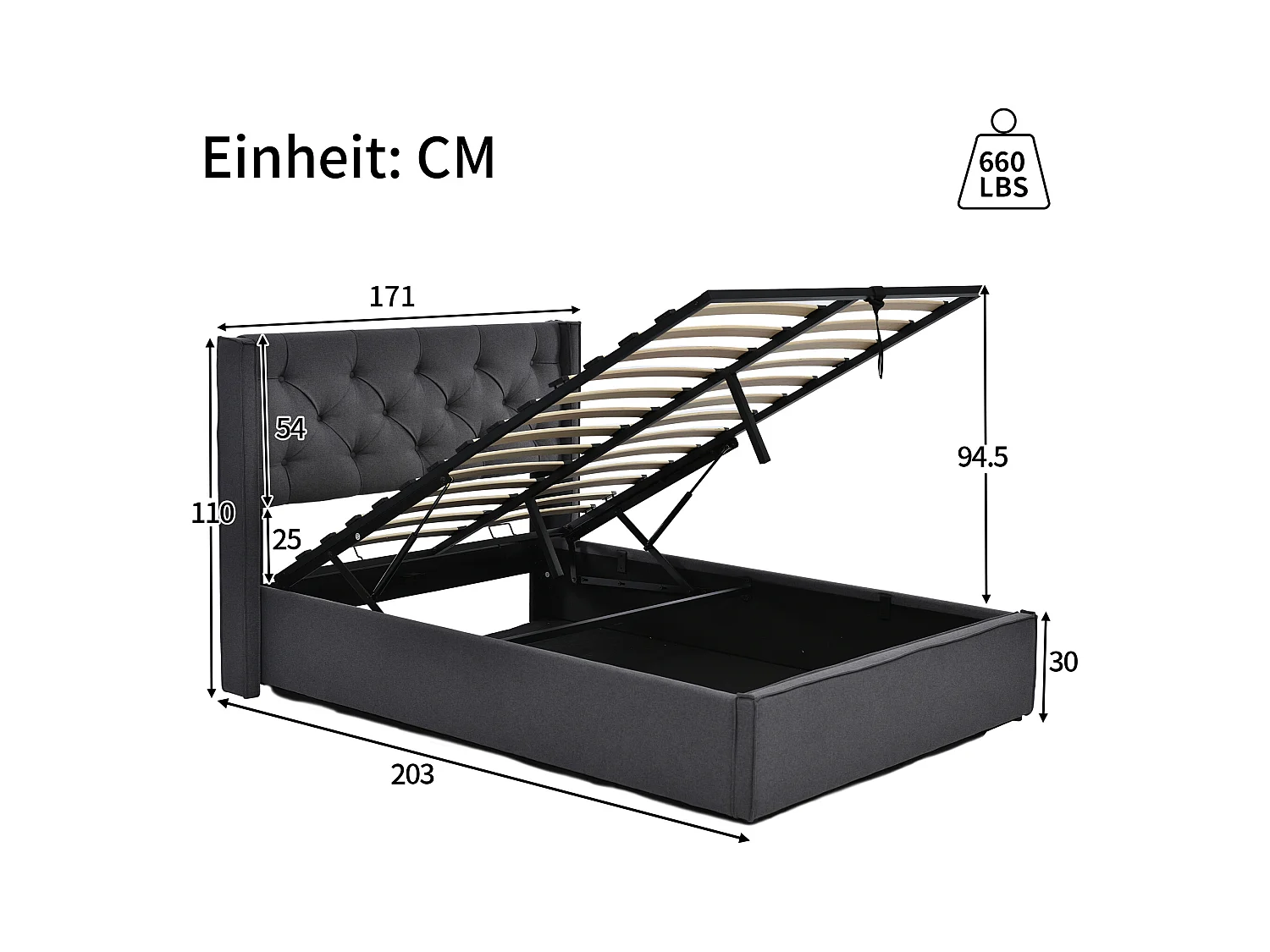 Lit coffre 160x200cm en cotton avec espace de rangement, gris, Sommier à lattes, sans matelas