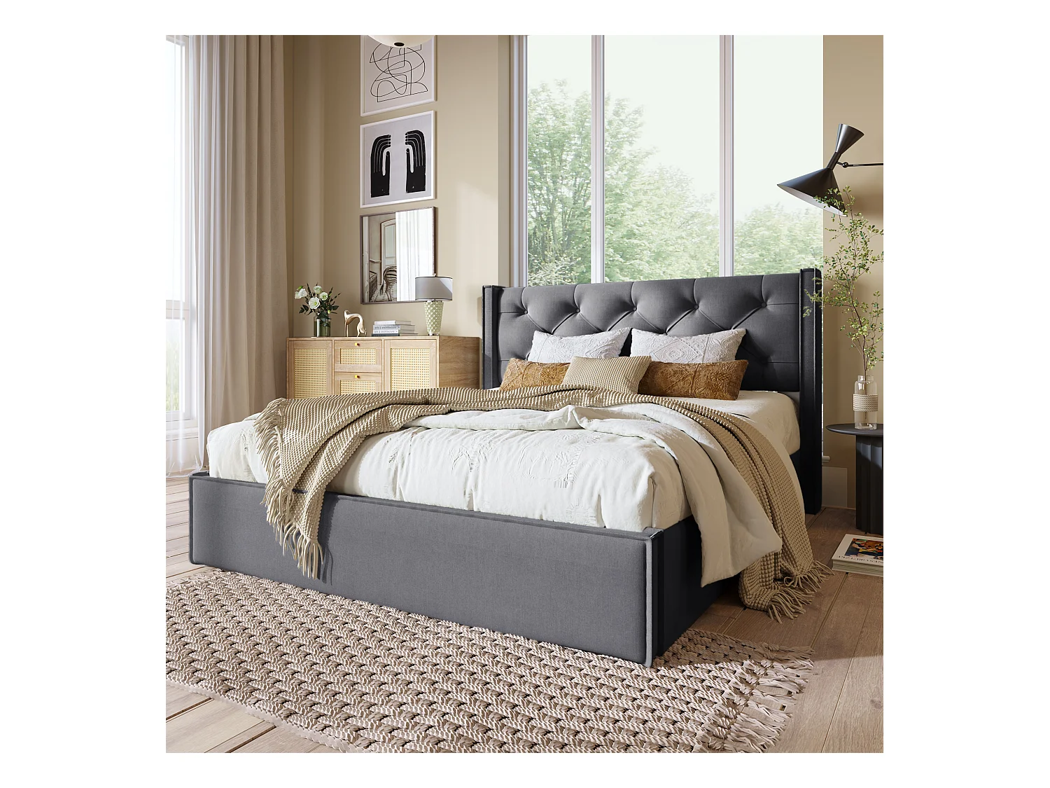 Lit coffre 160x200cm en cotton avec espace de rangement, gris, Sommier à lattes, sans matelas