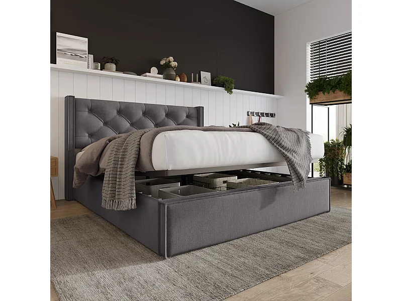 Lit coffre 160x200cm en cotton avec espace de rangement, gris, Sommier à lattes, sans matelas