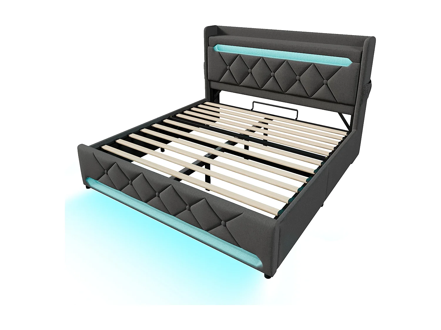 Lit coffre adulte 180x200cm avec LED et USB Type-C, lin, gris, sans matelas