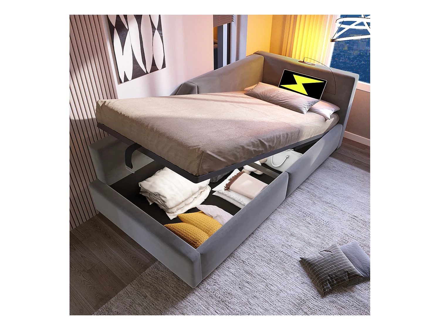 Lit coffre enfant 90x190cm en velours avec liseuse et USB-C, Sommier à lattes en bois, gris, sans matelas