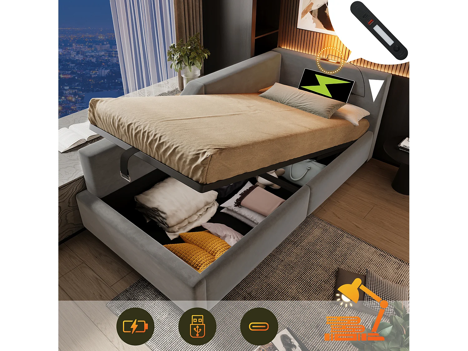 Cama com arrumação infantil 90x190 cm em veludo cinza com luz de leitura e USB-C, com estrado de ripas em madeira, sem colchão