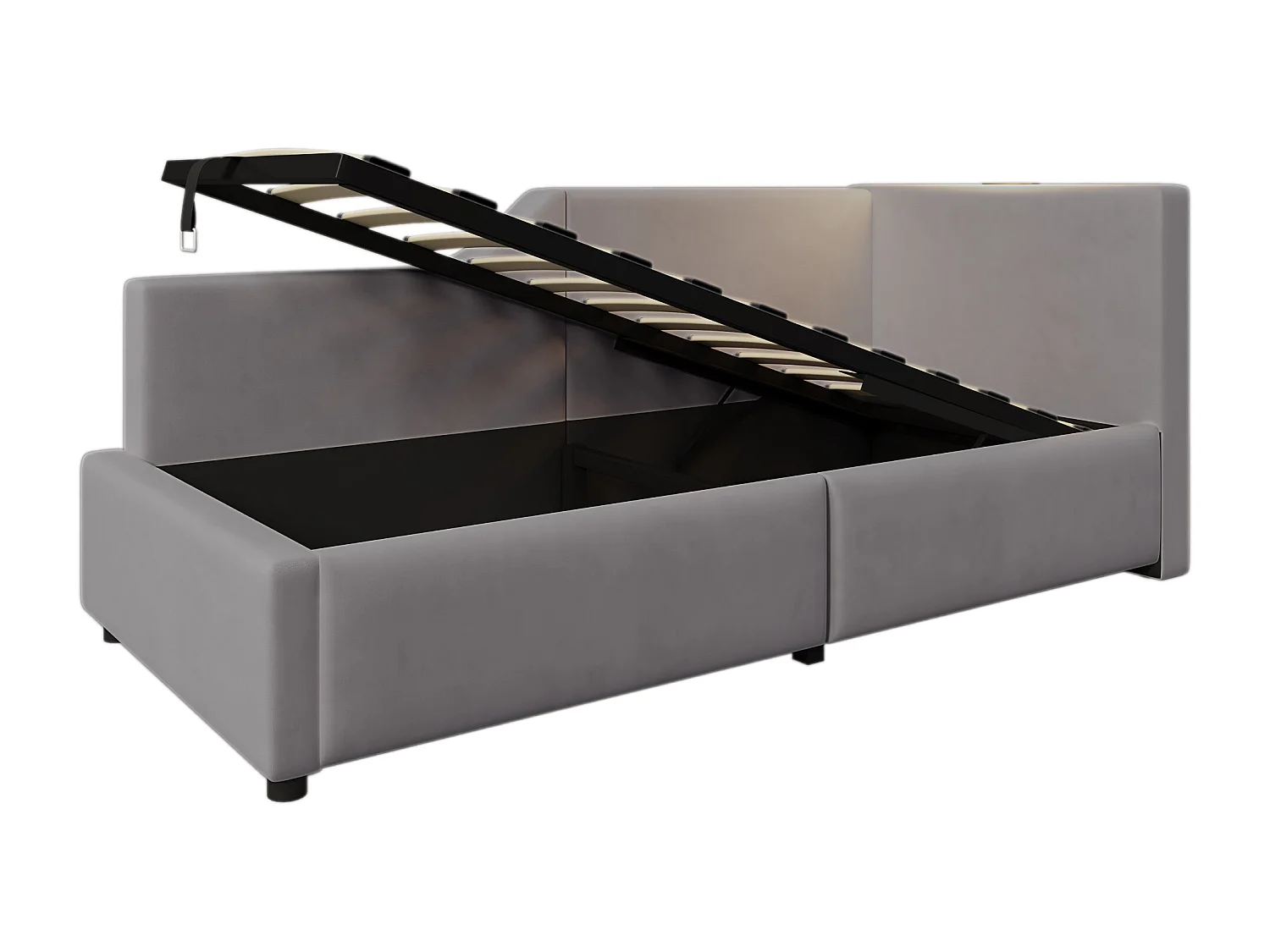 Cama com arrumação infantil 90x190 cm em veludo cinza com luz de leitura e USB-C, com estrado de ripas em madeira, sem colchão