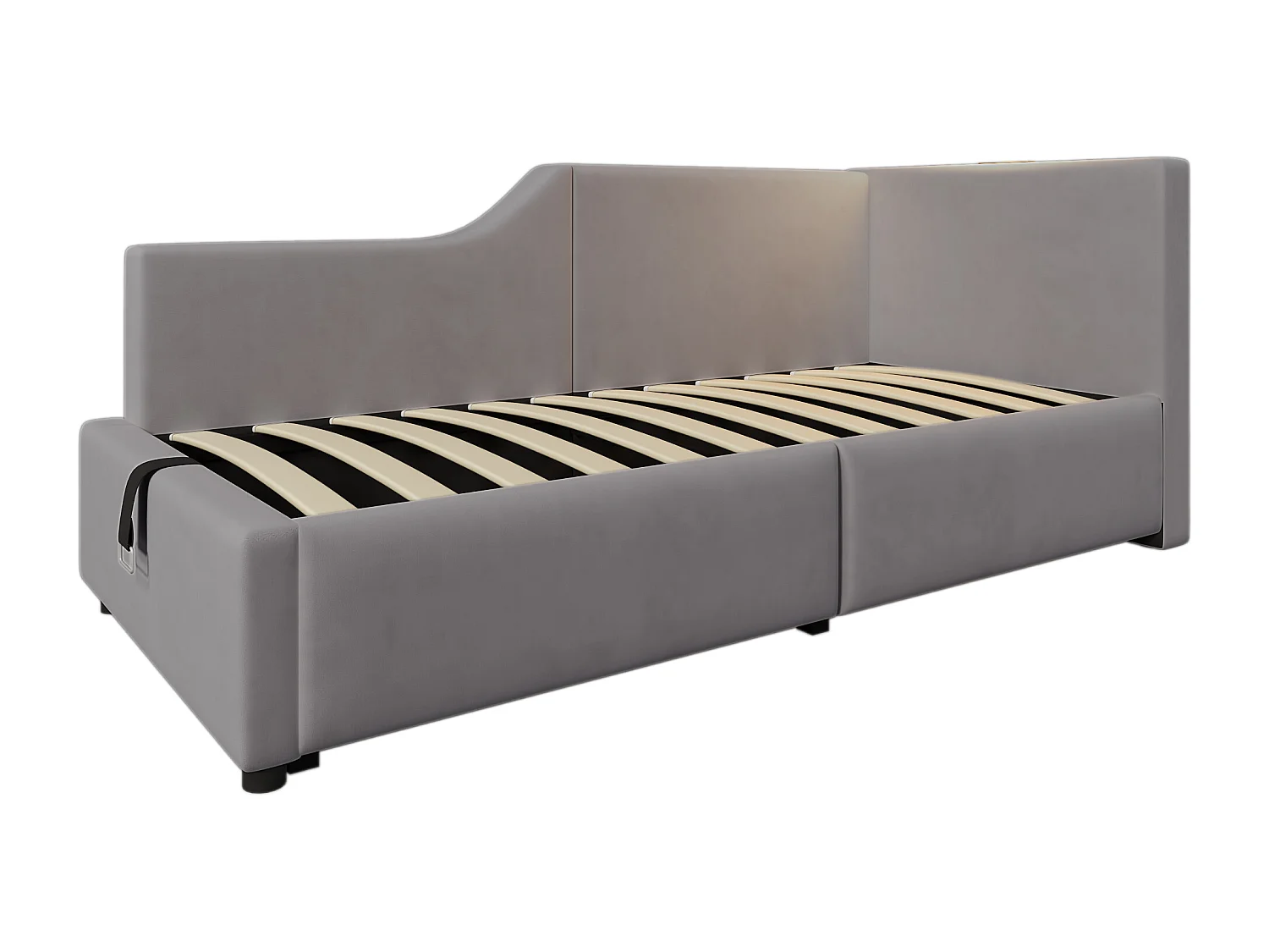 Cama com arrumação infantil 90x190 cm em veludo cinza com luz de leitura e USB-C, com estrado de ripas em madeira, sem colchão