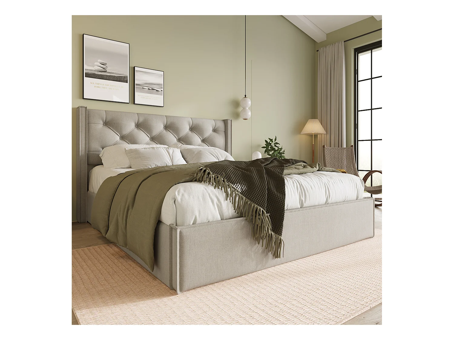 Lit coffre 140x200cm en cotton avec espace de rangement, gris clair, Sommier à lattes, sans matelas