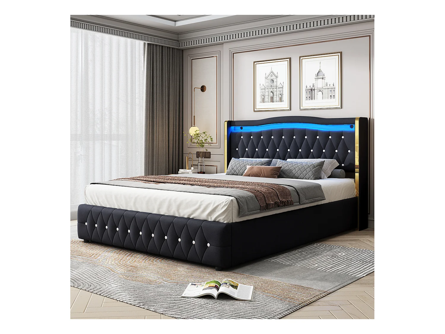 Lit coffre adulte 160x200cm avec LED et Tête de lit diamanté, velours, noir, sans matelas