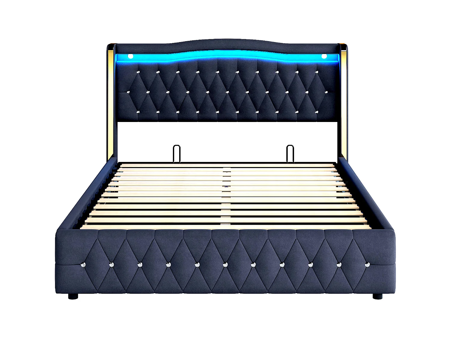 Lit coffre adulte 160x200cm avec LED et Tête de lit diamanté, velours, noir, sans matelas