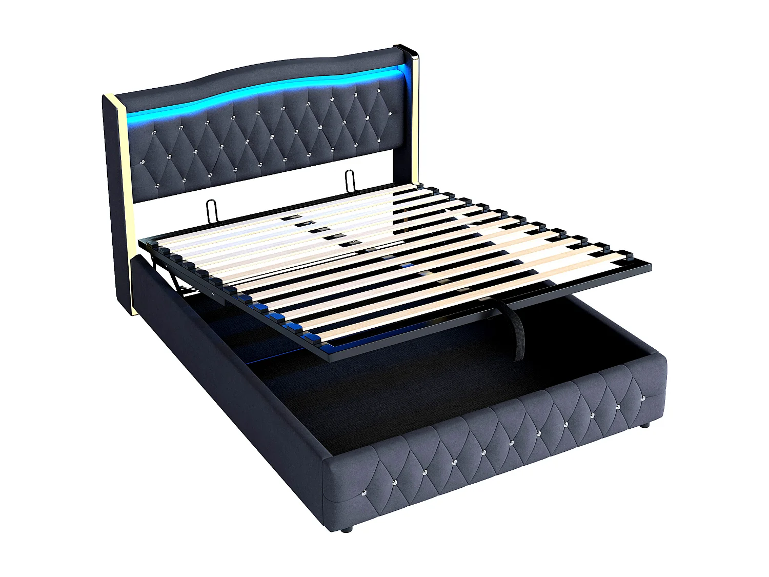 Cama com baú adulto 160x200 cm com LED e cabeceira diamantada, veludo preto, sem colchão