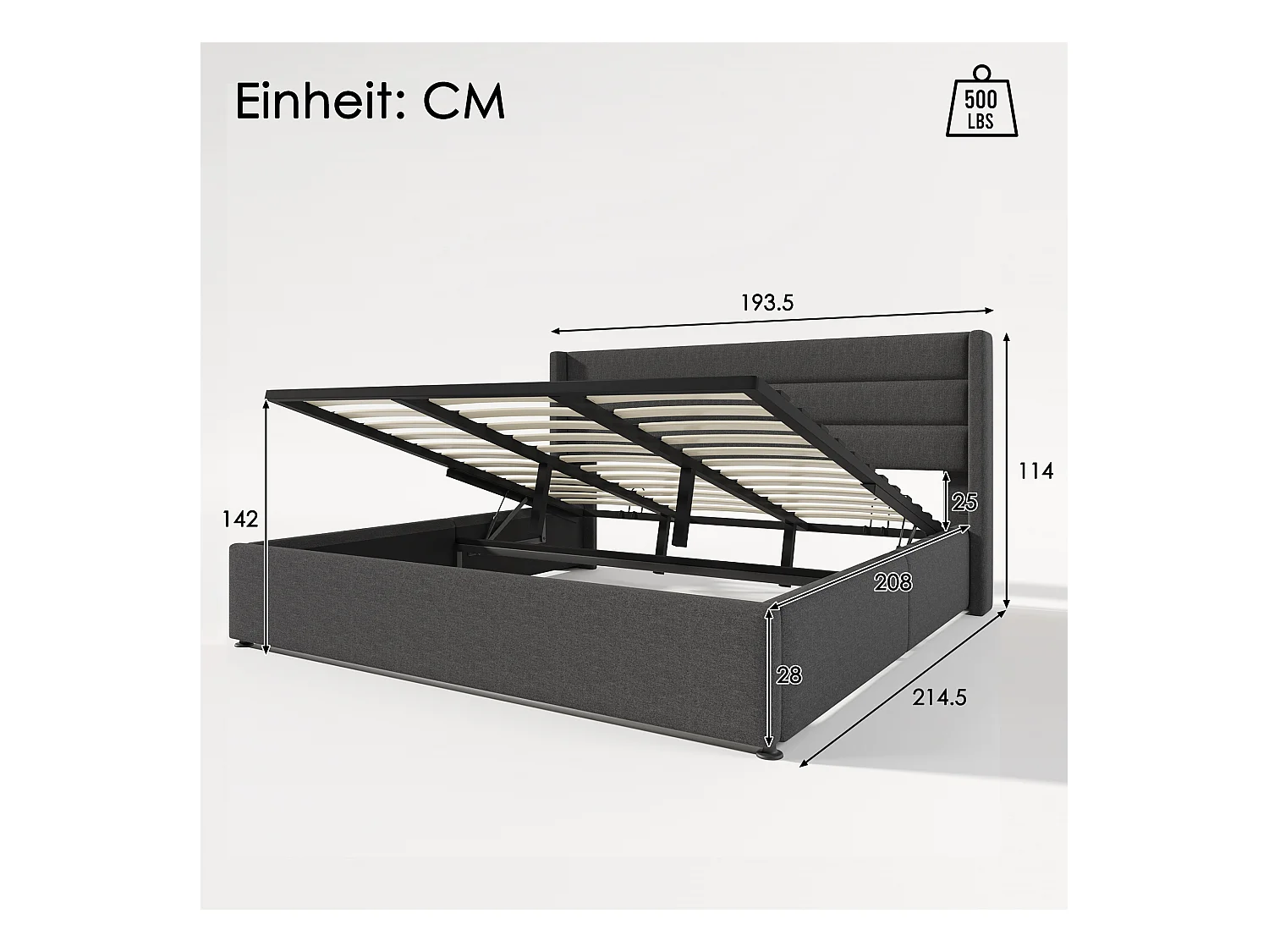 Lit coffre adulte 180x200cm, sommier à lattes en bois, métal+lin, gris, sans matelas