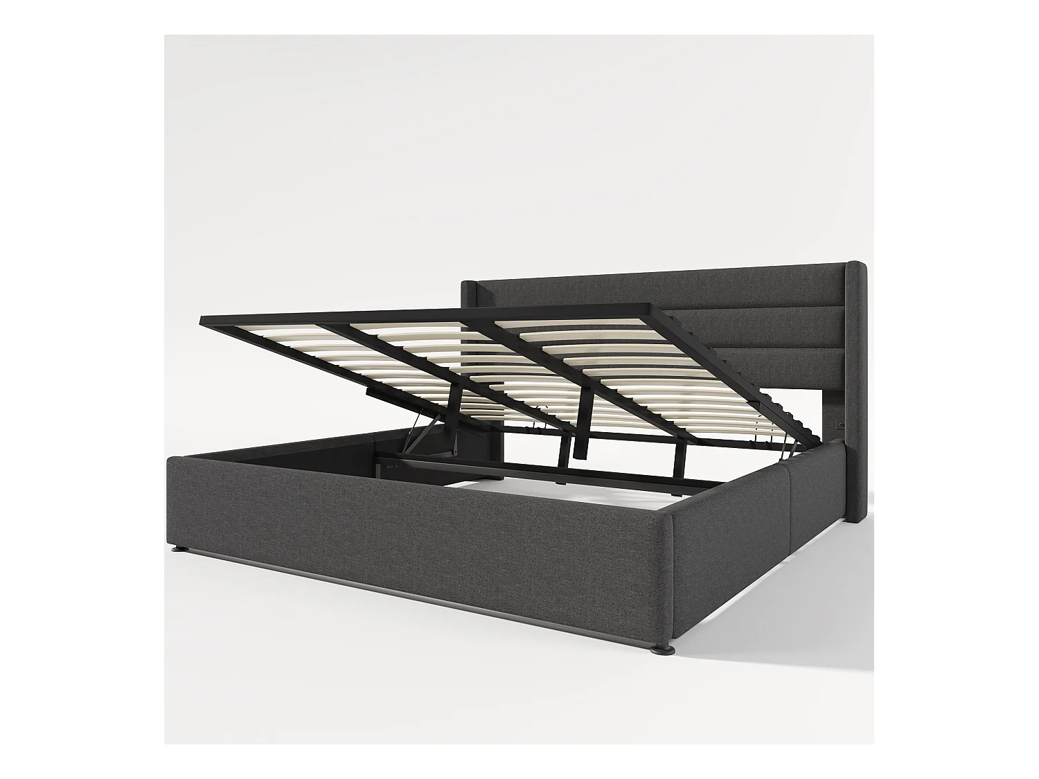 Lit coffre adulte 180x200cm, sommier à lattes en bois, métal+lin, gris, sans matelas