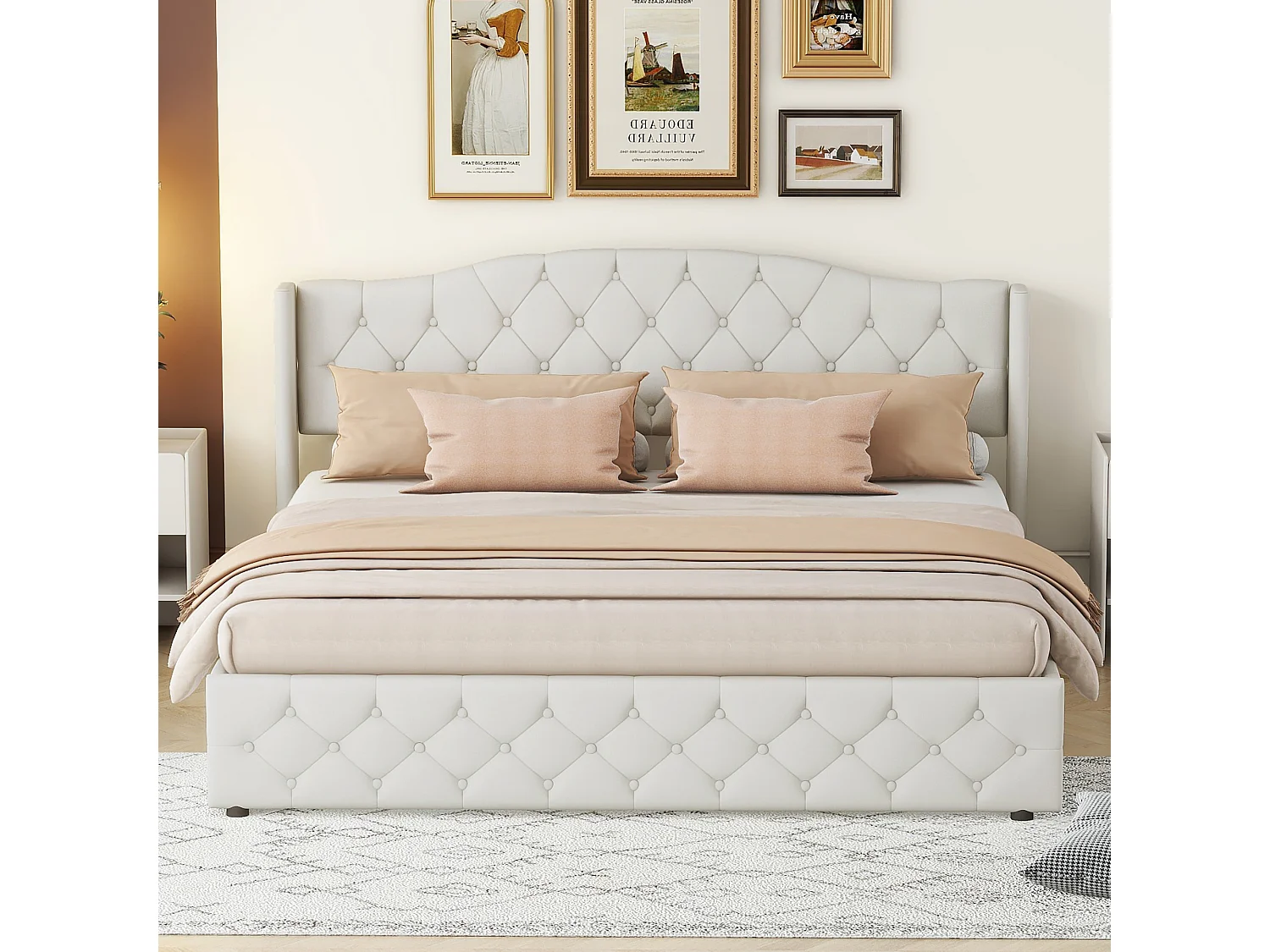 Lit coffre adulte 180x200cm avec Tête de lit Capitonné, lin, beige, sans matelas