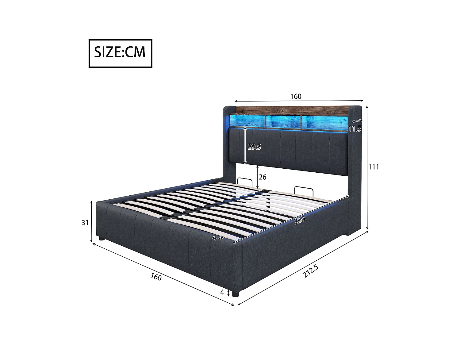 Letto contenitore matrimoniale 160x200 cm con LED e USB Type-C, lino grigio, senza materasso