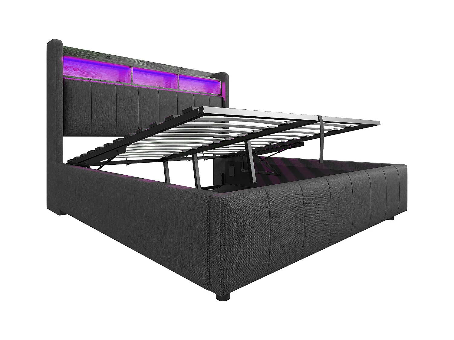 Lit coffre adulte 160x200cm avec LED et USB Type-C, lin, gris, sans matelas