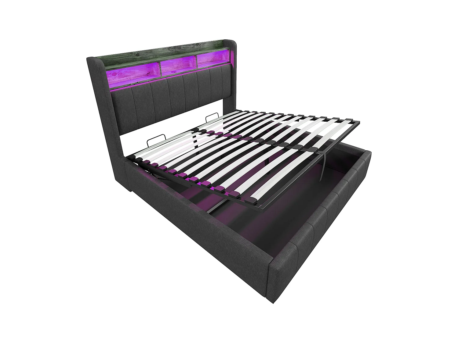 Lit coffre adulte 160x200cm avec LED et USB Type-C, lin, gris, sans matelas