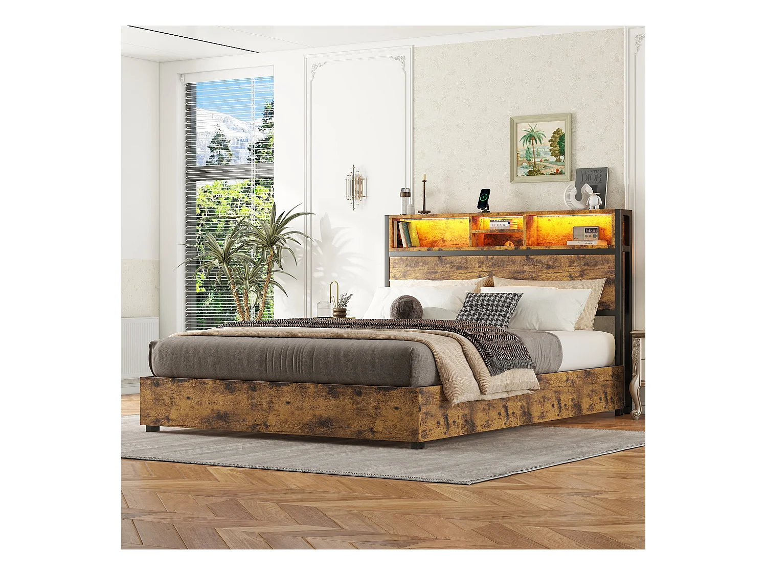 Lit coffre adulte 140x200cm avec LED et USB, Structure métal/MDF, marron, sans matelas