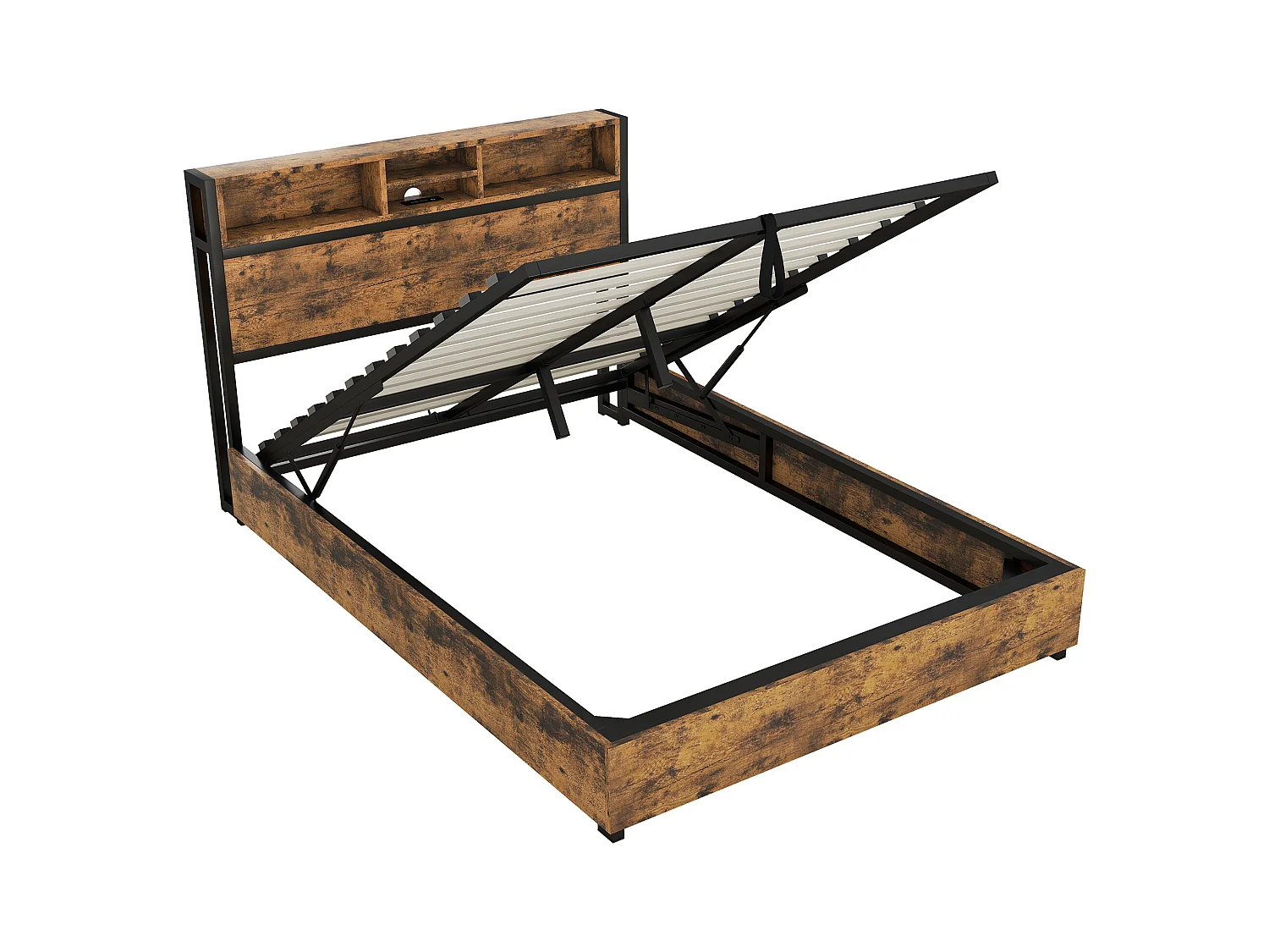 Lit coffre adulte 140x200cm avec LED et USB, Structure métal/MDF, marron, sans matelas