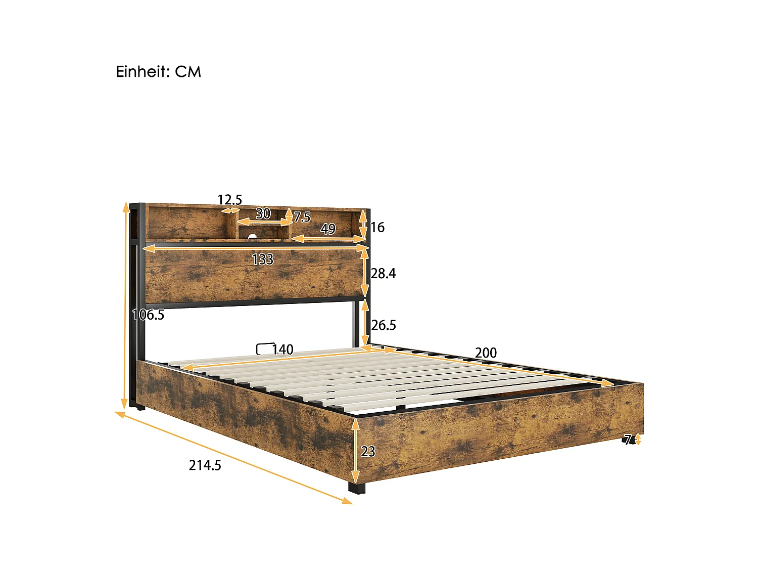 Lit coffre adulte 140x200cm avec LED et USB, Structure métal/MDF, marron, sans matelas