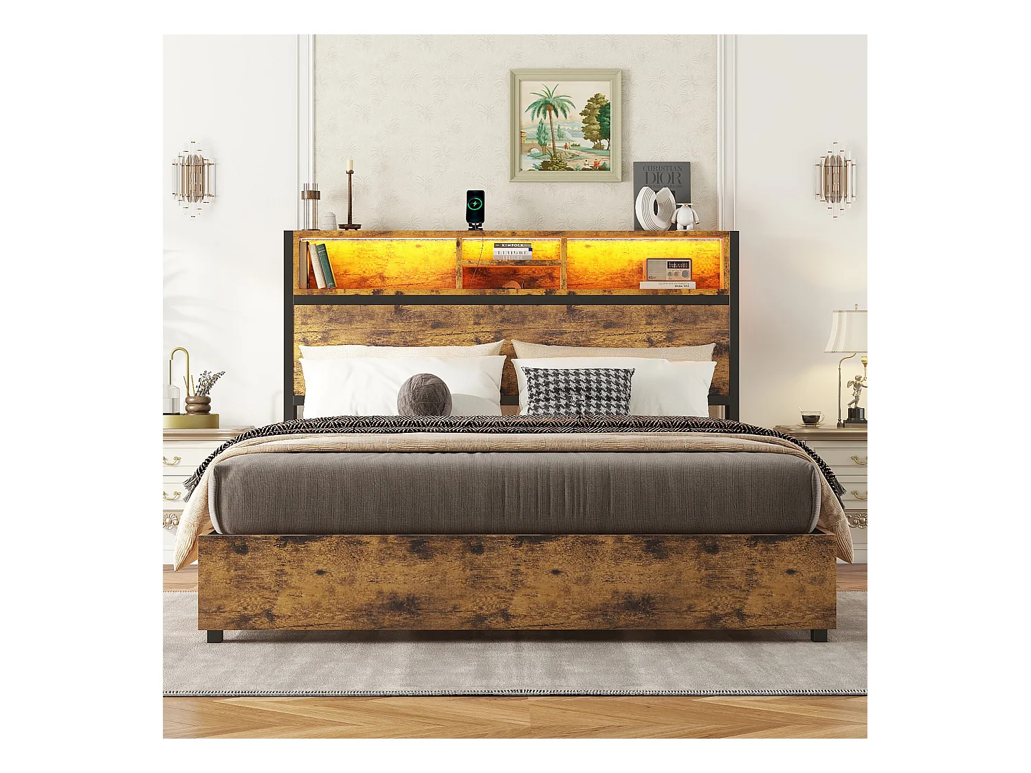Lit coffre adulte 140x200cm avec LED et USB, Structure métal/MDF, marron, sans matelas