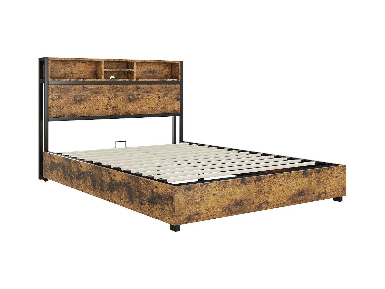 Lit coffre adulte 140x200cm avec LED et USB, Structure métal/MDF, marron, sans matelas