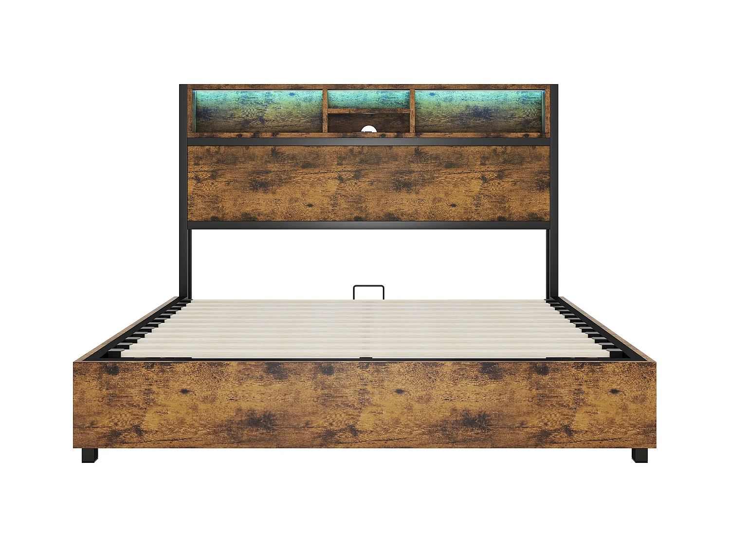 Lit coffre adulte 140x200cm avec LED et USB, Structure métal/MDF, marron, sans matelas