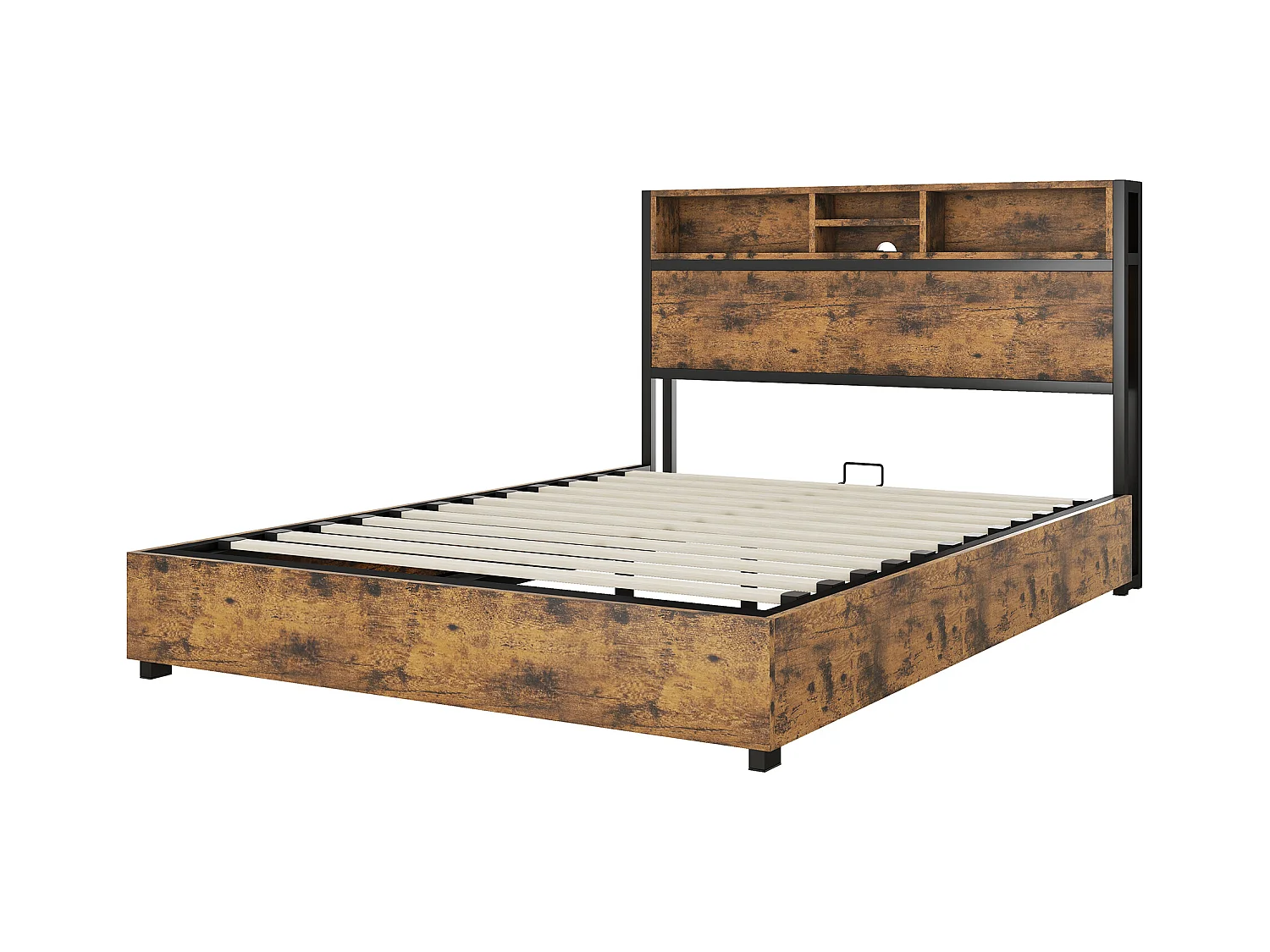 Lit coffre adulte 140x200cm avec LED et USB, Structure métal/MDF, marron, sans matelas
