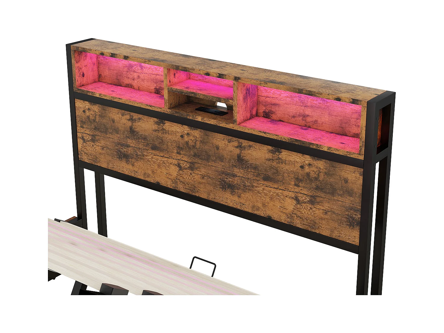 Lit coffre adulte 140x200cm avec LED et USB, Structure métal/MDF, marron, sans matelas
