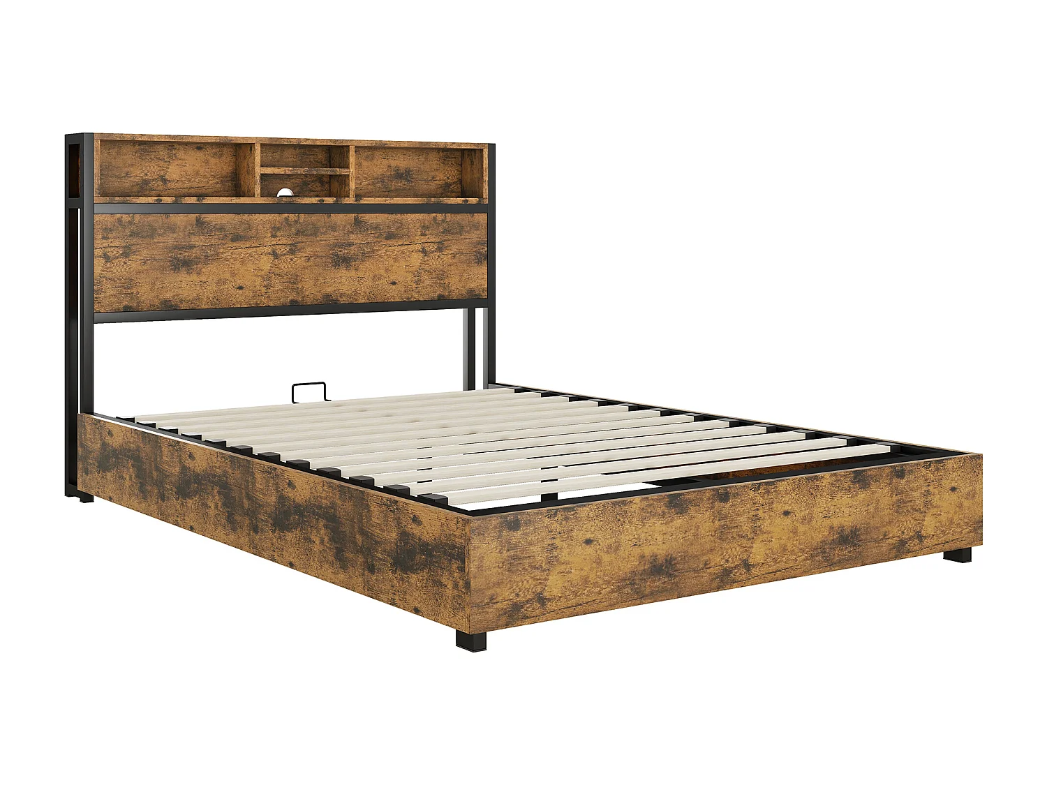 Lit coffre adulte 140x200cm avec LED et USB, Structure métal/MDF, marron, sans matelas