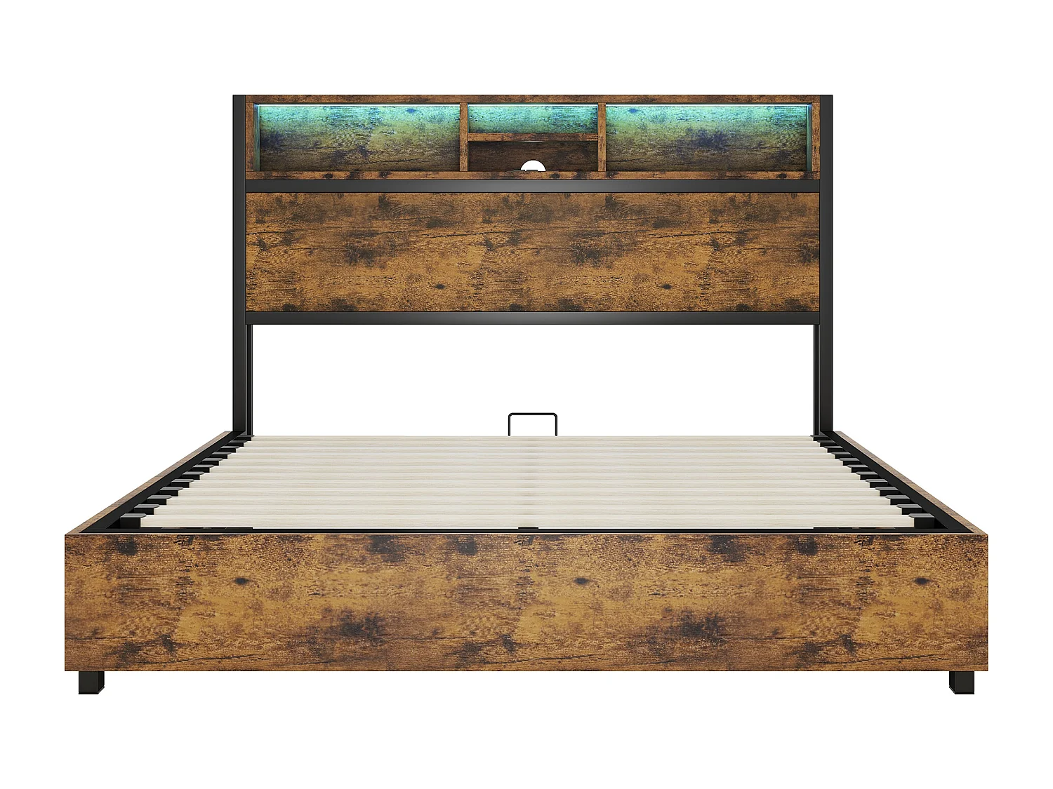 Lit coffre adulte 140x200cm avec LED et USB, Structure métal/MDF, marron, sans matelas