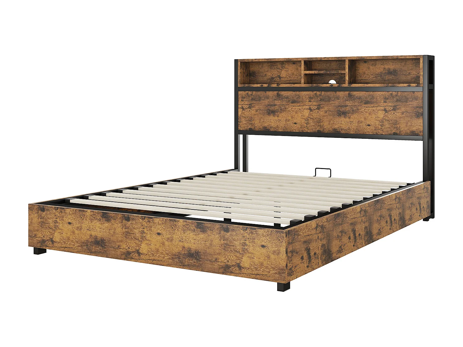 Lit coffre adulte 140x200cm avec LED et USB, Structure métal/MDF, marron, sans matelas