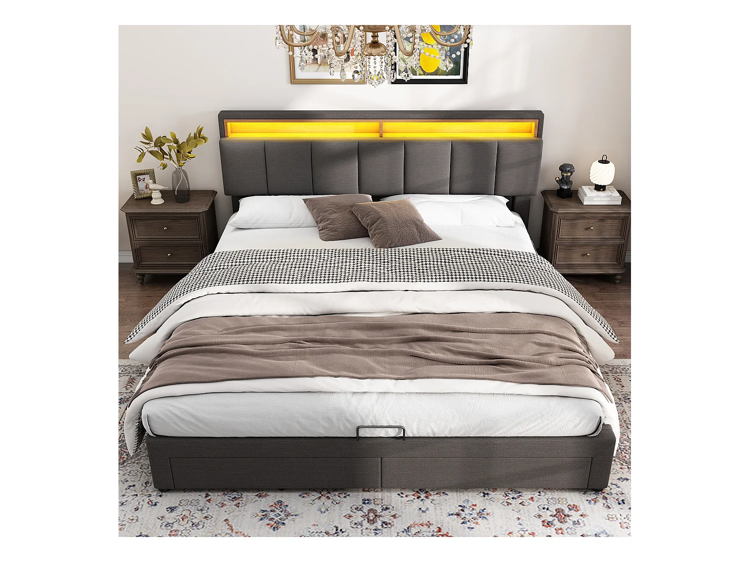 Lit coffre adulte 160x200cm avec LED et 2 tiroirs, lin, gris, sans matelas