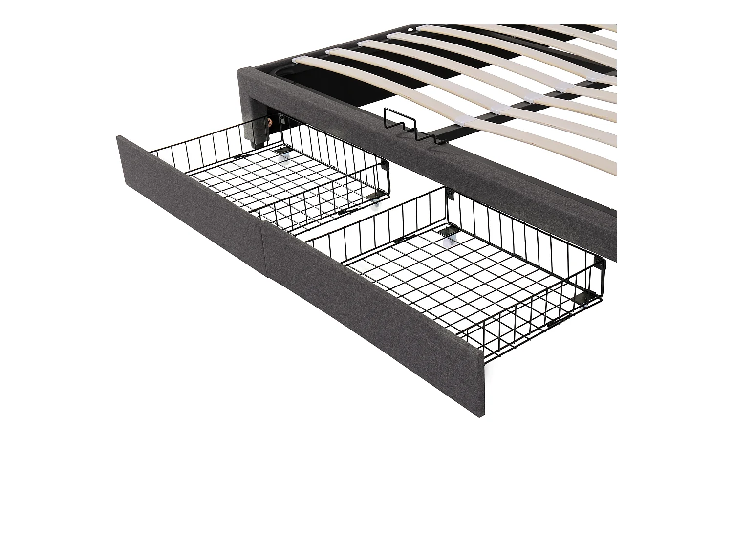 Lit coffre adulte 160x200cm avec LED et 2 tiroirs, lin, gris, sans matelas