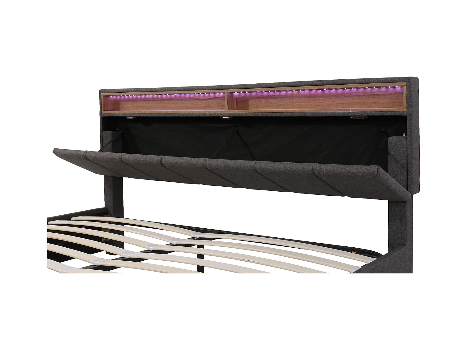 Lit coffre adulte 160x200cm avec LED et 2 tiroirs, lin, gris, sans matelas