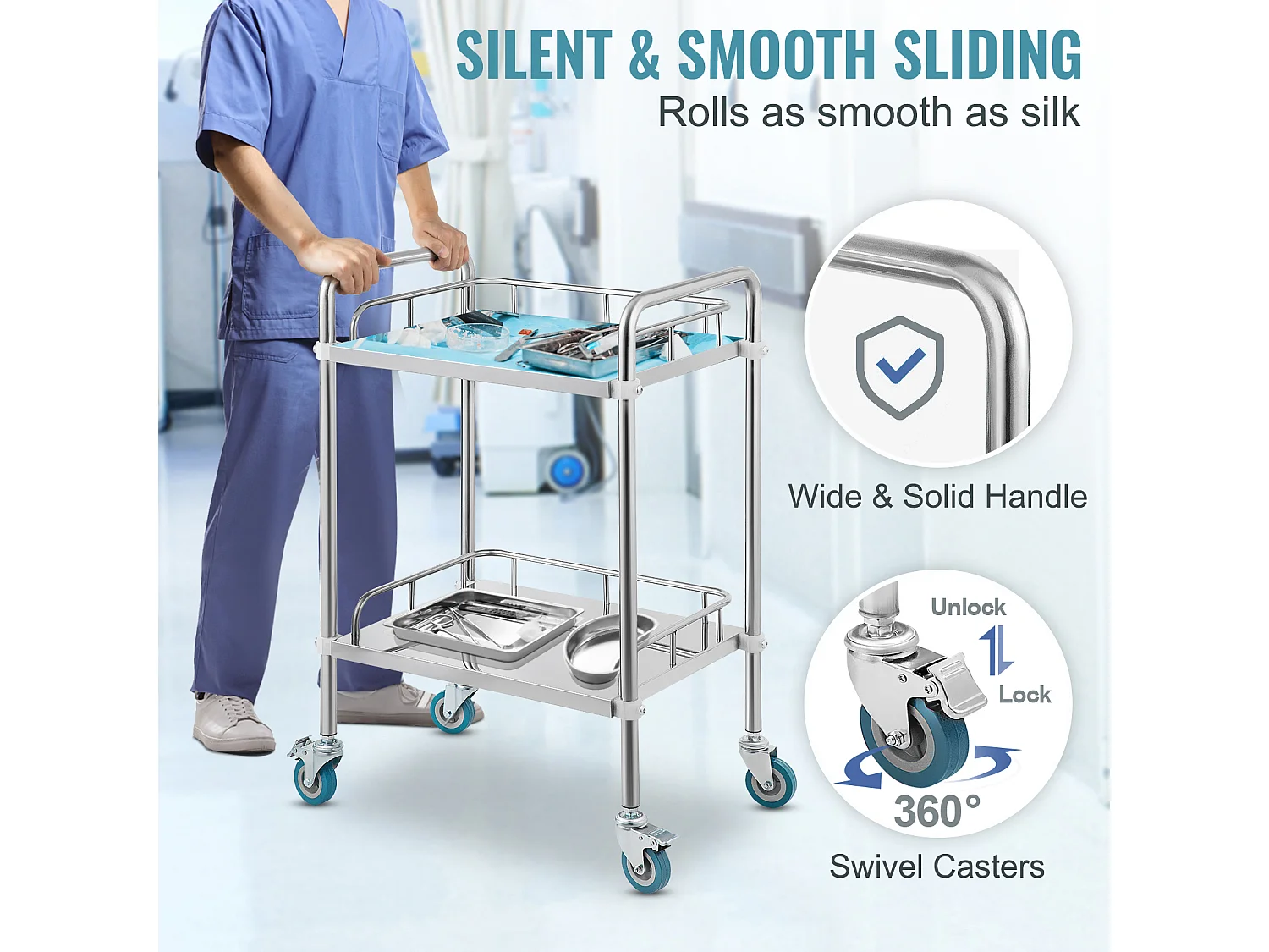 Chariot à Outils, SucceBuy Carrello Rotante da Laboratorio a 2 Livelli in Acciaio Inox per Uso Medico Dentale