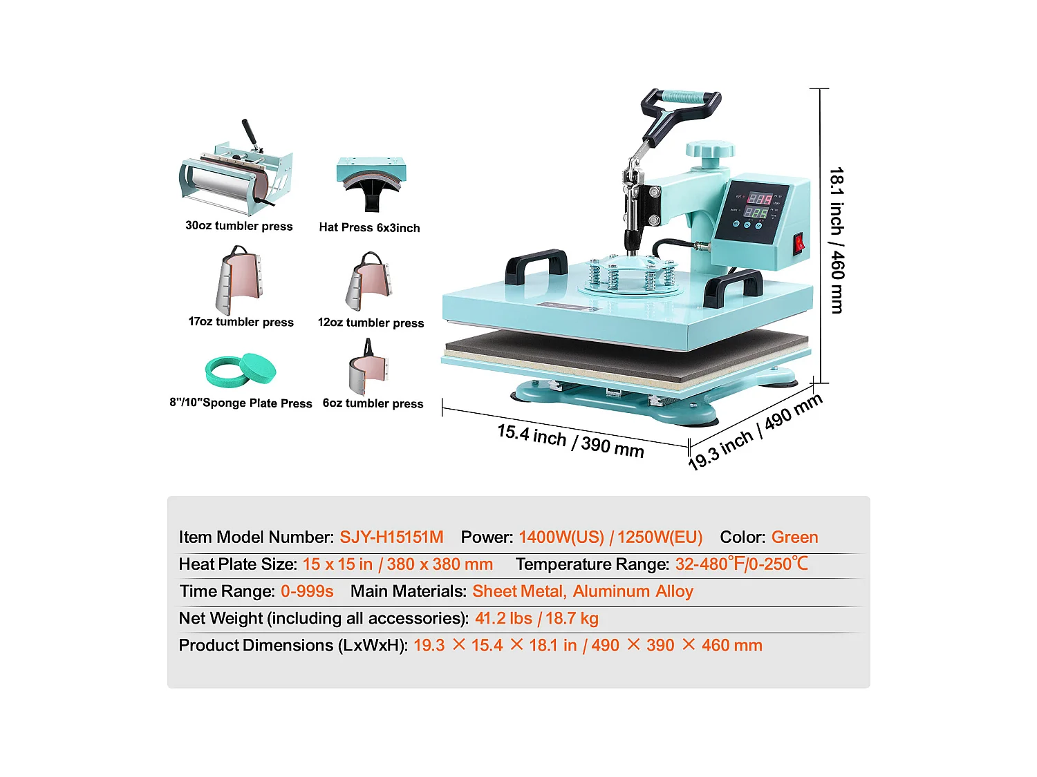 Presse à Chaud SucceBuy Presse à Chaud 8 en 1 avec Presse à Gobelet de 30 oz pour T-shirts 38.1x38.1 cm Vert