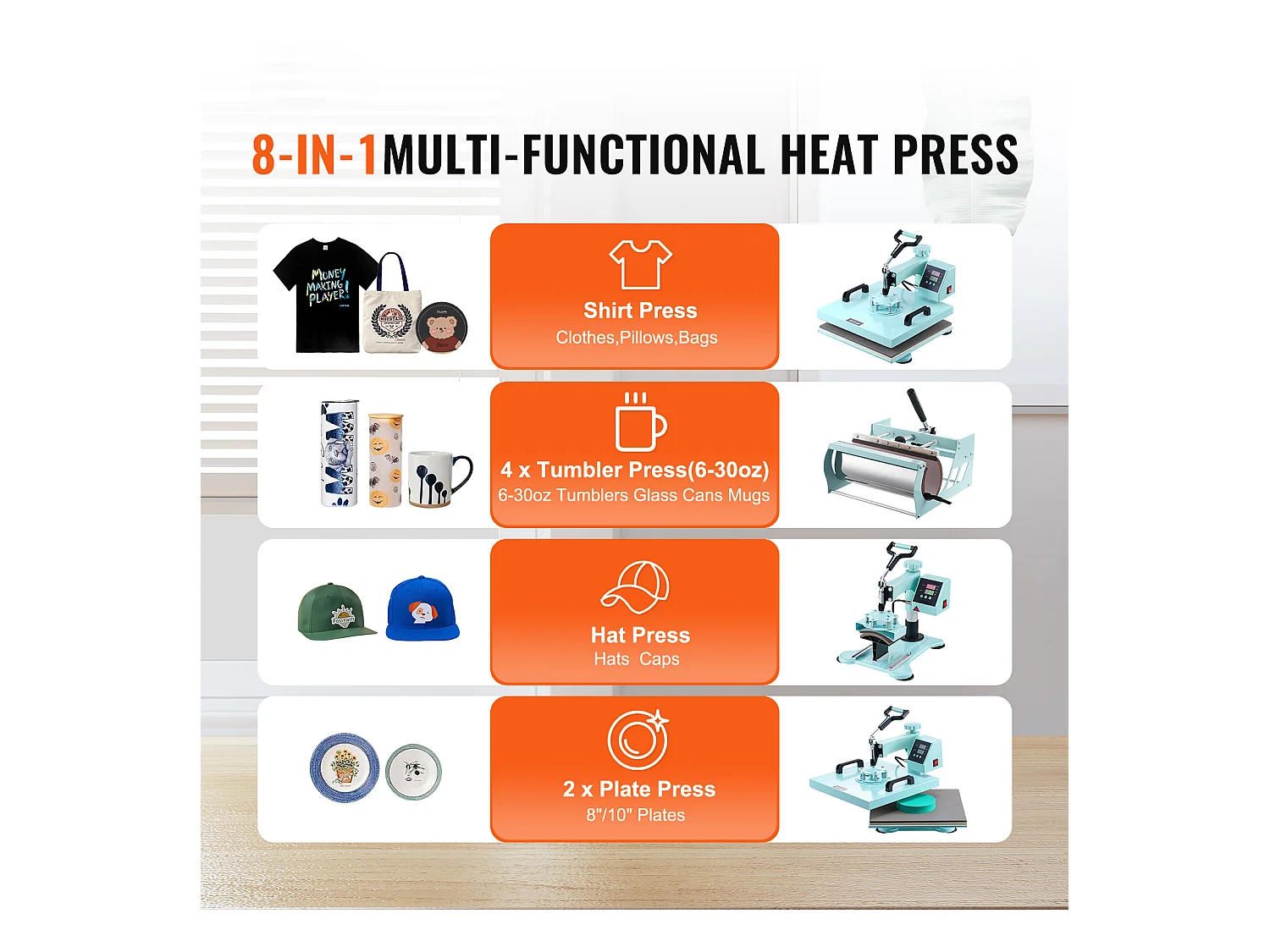 Presse à Chaud SucceBuy Presse à Chaud 8 en 1 avec Presse à Gobelet de 30 oz pour T-shirts 38.1x38.1 cm Vert