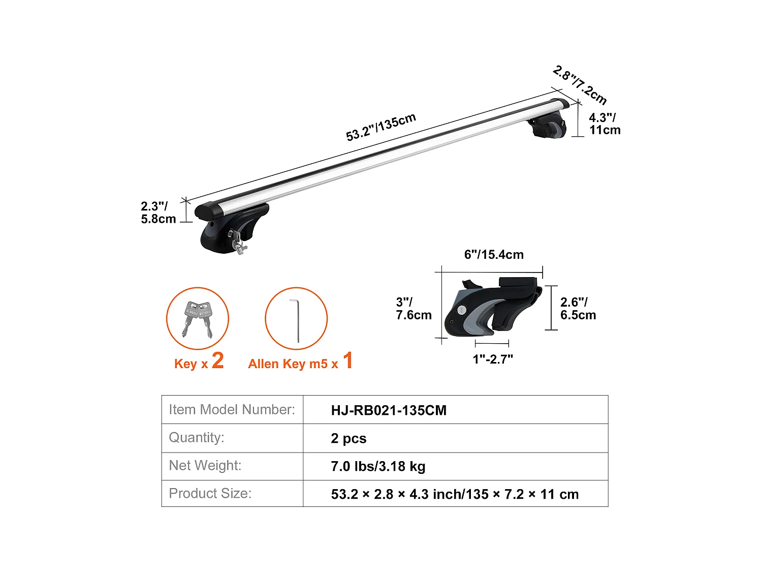 Universal-Dachträger-Querstange SucceBuy, 135.13cm Länge, für Fahrzeuge mit Erhöhter Seitenreling