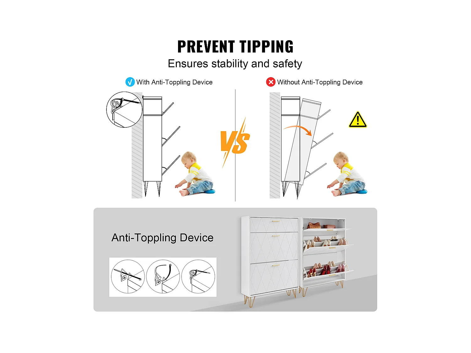 Meuble à Chaussures, SucceBuy Meuble à Chaussures avec 3 Tiroirs Rabattables, Rangement pour Entrée, Couloir